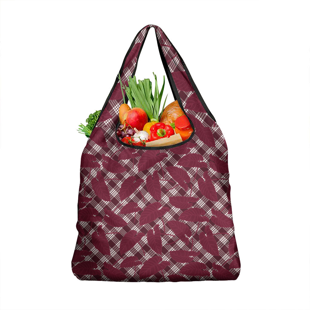 Burgundy Hawaii Kalo Palaka Motifs Grocery Bag Hawaiian Taro Leaves Elegant Vibes