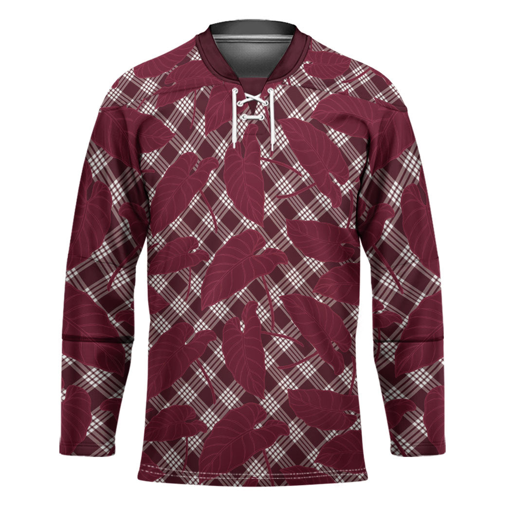 Burgundy Hawaii Kalo Palaka Motifs Hockey Jersey Hawaiian Taro Leaves Elegant Vibes