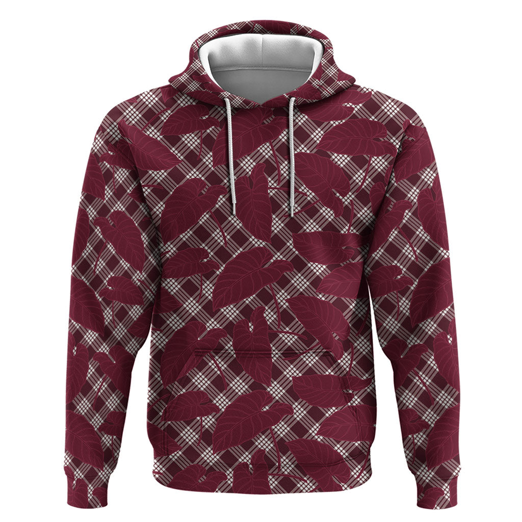 Burgundy Hawaii Kalo Palaka Motifs Hoodie Hawaiian Taro Leaves Elegant Vibes