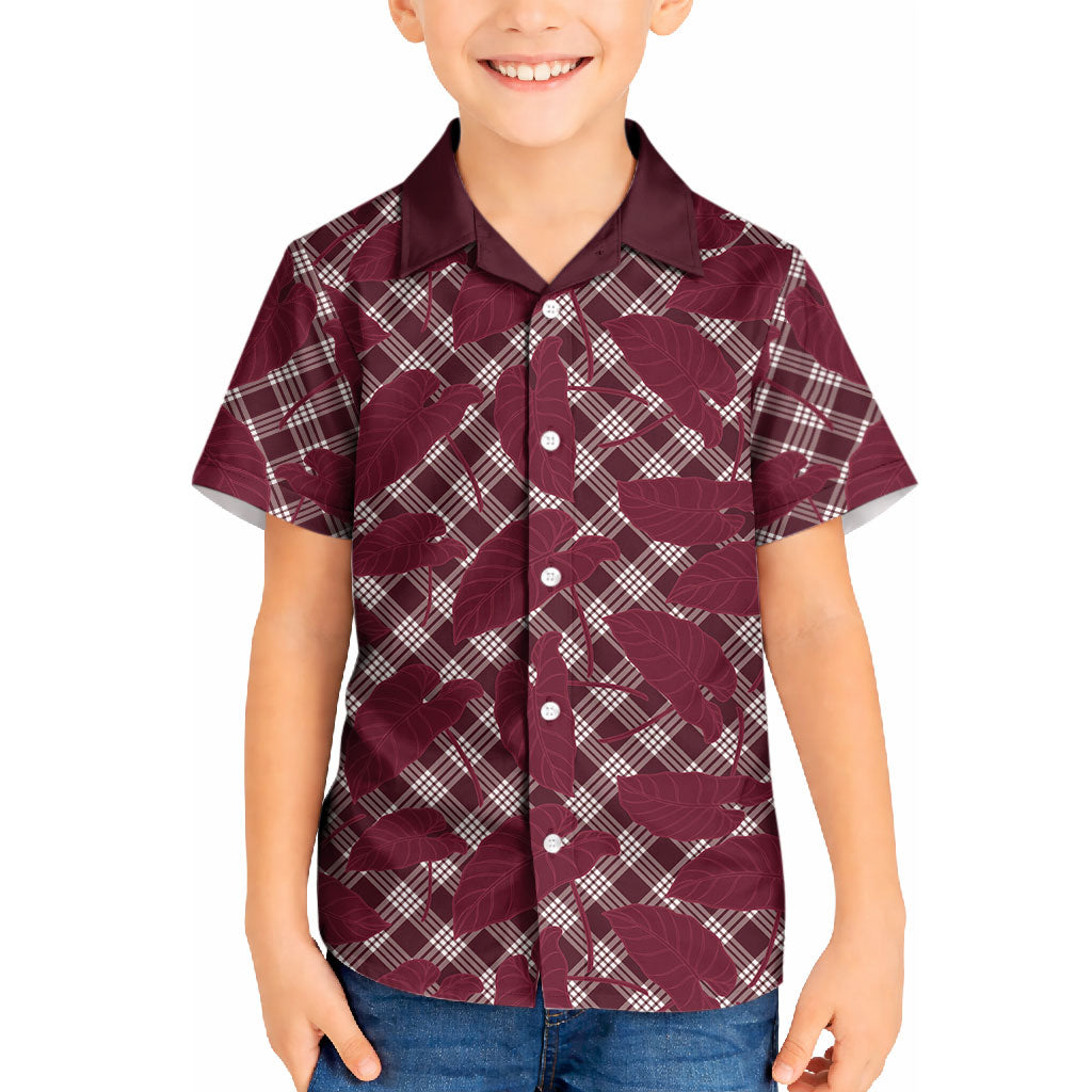 Burgundy Hawaii Kalo Palaka Motifs Kid Hawaiian Shirt Hawaiian Taro Leaves Elegant Vibes