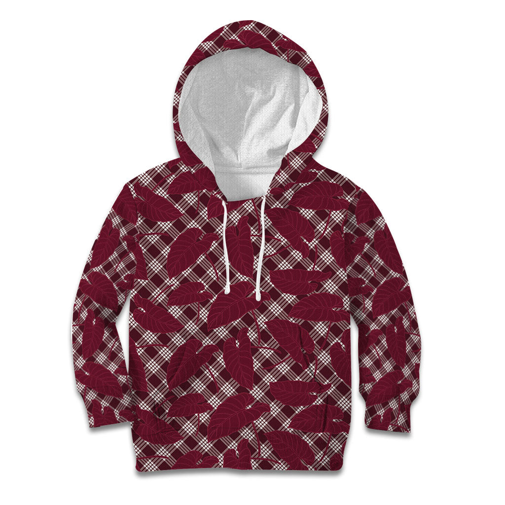 Burgundy Hawaii Kalo Palaka Motifs Kid Hoodie Hawaiian Taro Leaves Elegant Vibes