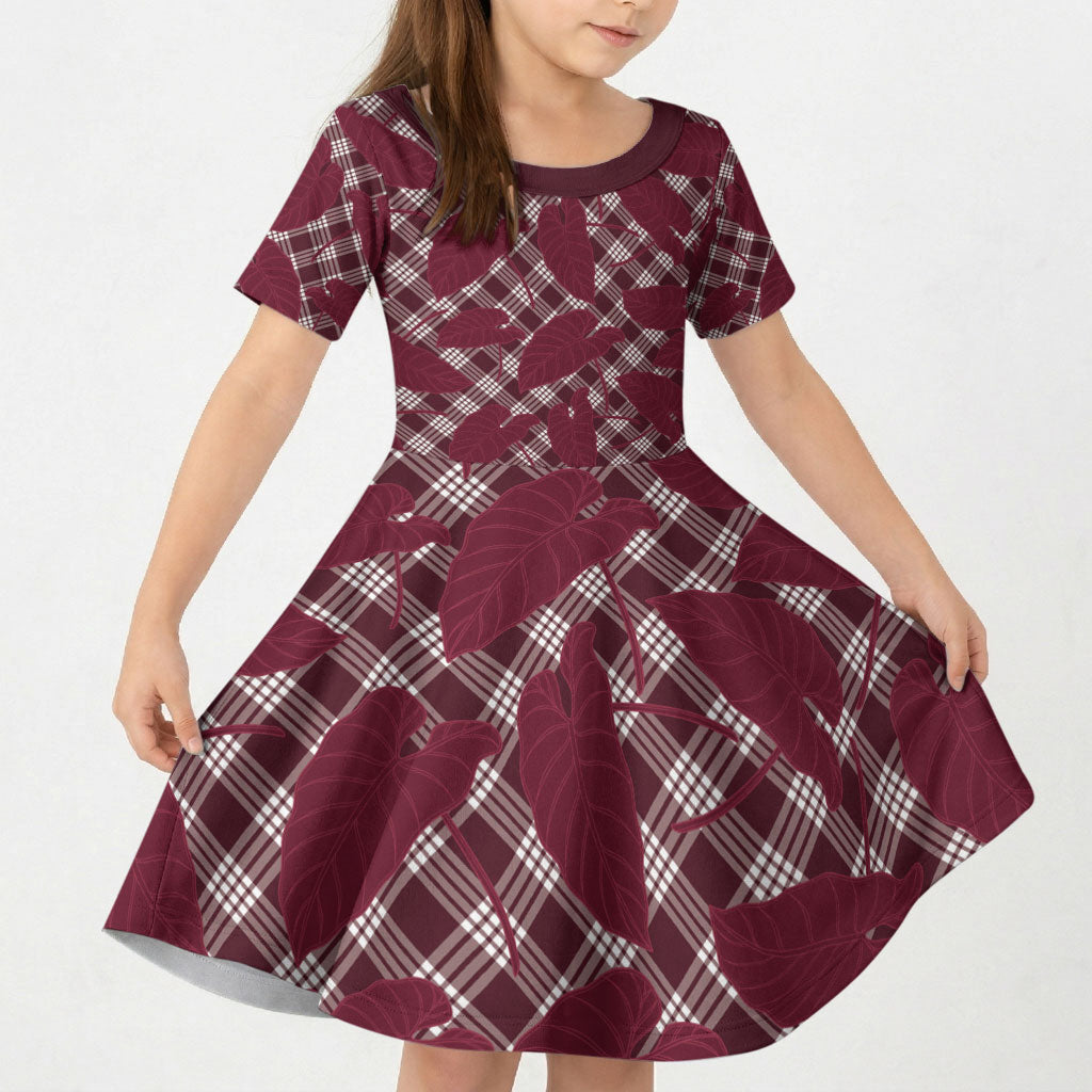 Burgundy Hawaii Kalo Palaka Motifs Kid Short Sleeve Dress Hawaiian Taro Leaves Elegant Vibes