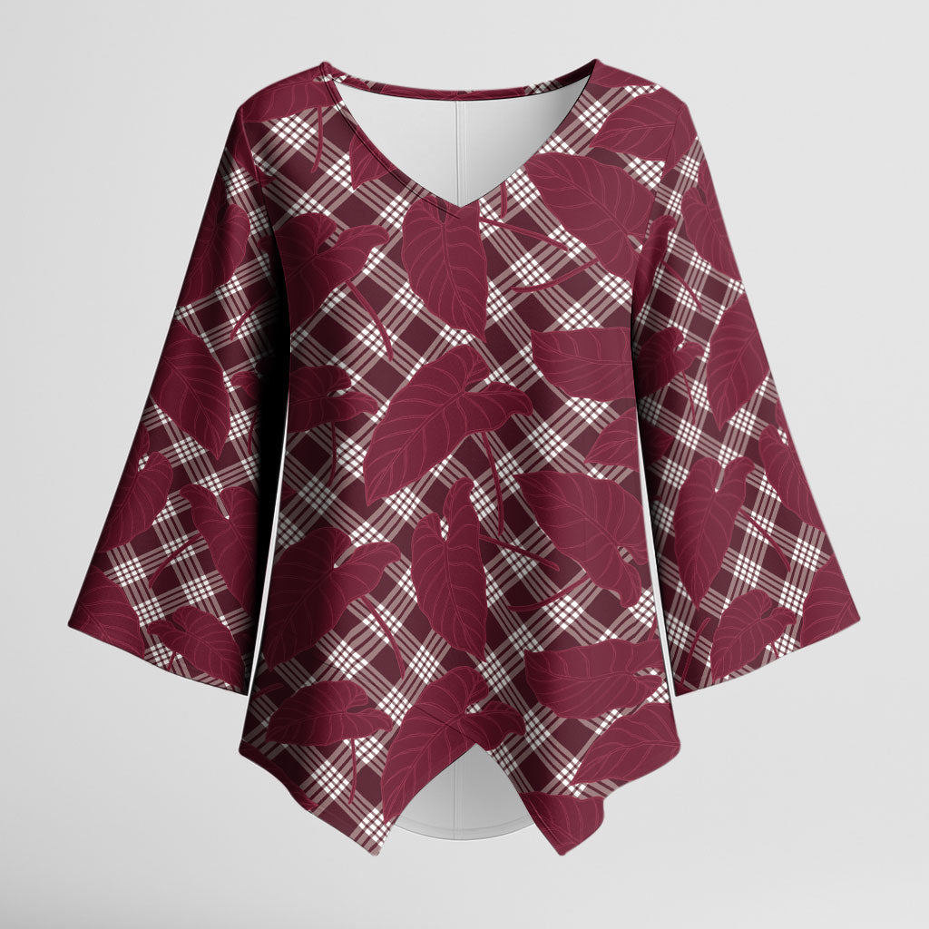 Burgundy Hawaii Kalo Palaka Motifs Kimono Sleeve Blouse Hawaiian Taro Leaves Elegant Vibes