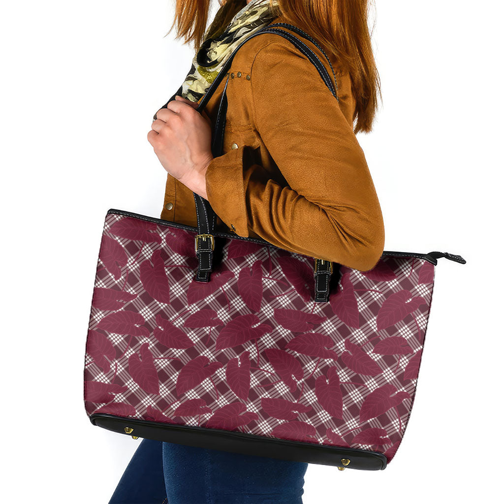 Burgundy Hawaii Kalo Palaka Motifs Leather Tote Bag Hawaiian Taro Leaves Elegant Vibes
