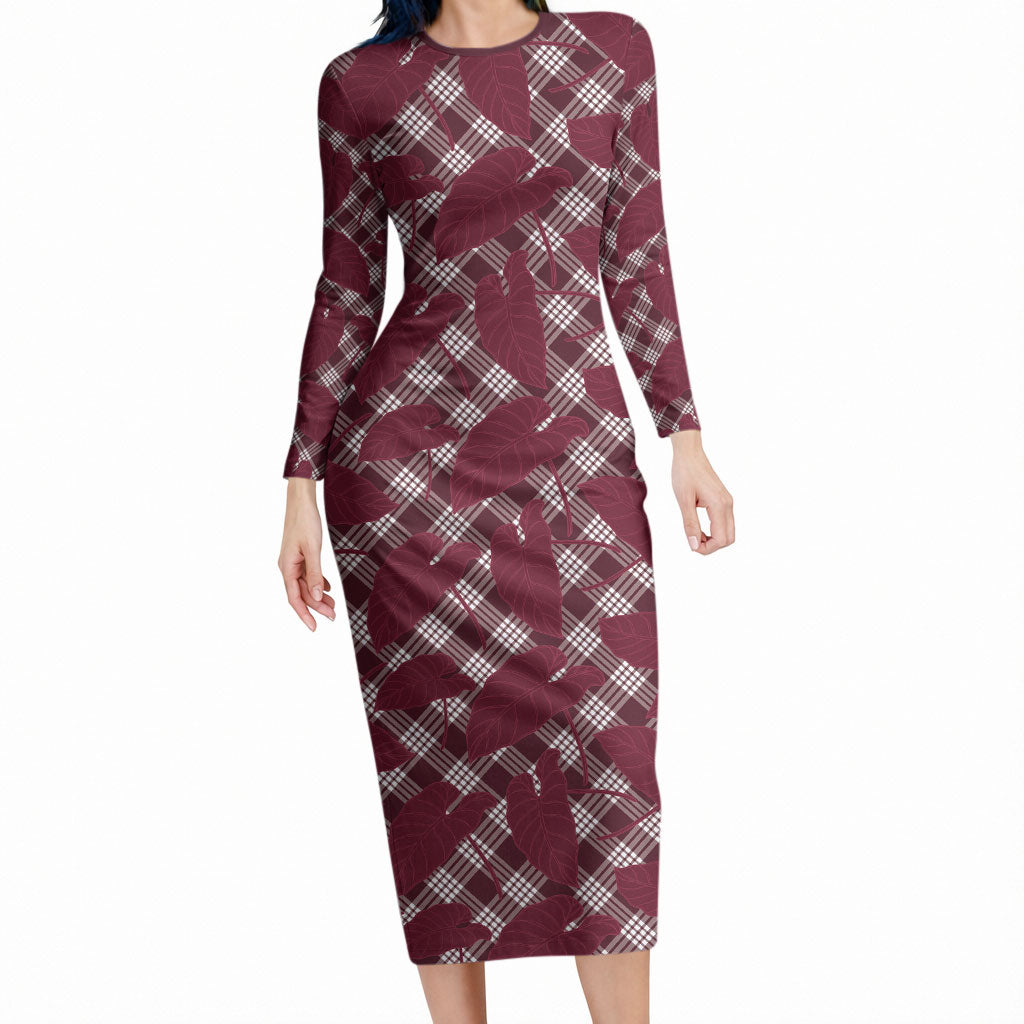 Burgundy Hawaii Kalo Palaka Motifs Long Sleeve Bodycon Dress Hawaiian Taro Leaves Elegant Vibes
