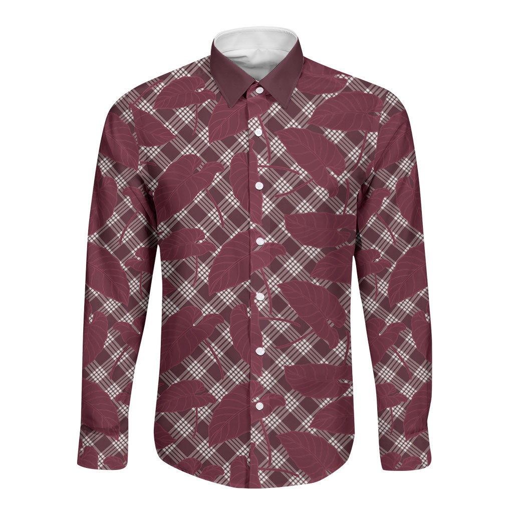 Burgundy Hawaii Kalo Palaka Motifs Long Sleeve Button Shirt Hawaiian Taro Leaves Elegant Vibes