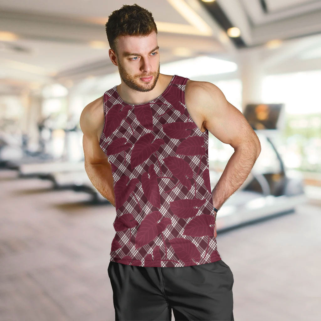 Burgundy Hawaii Kalo Palaka Motifs Men Tank Top Hawaiian Taro Leaves Elegant Vibes