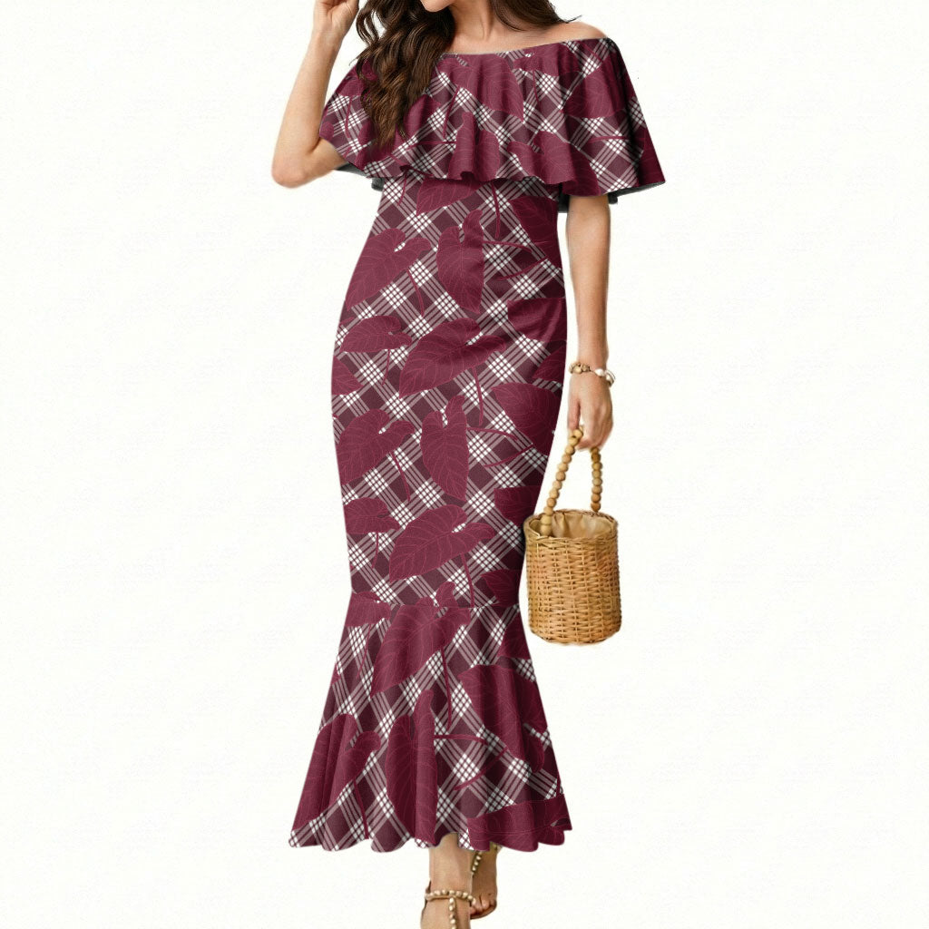Burgundy Hawaii Kalo Palaka Motifs Mermaid Dress Hawaiian Taro Leaves Elegant Vibes