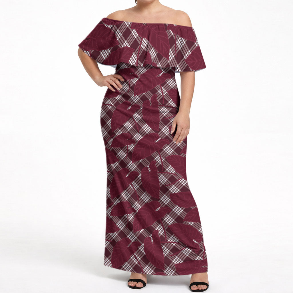 Burgundy Hawaii Kalo Palaka Motifs Off Shoulder Maxi Dress Hawaiian Taro Leaves Elegant Vibes