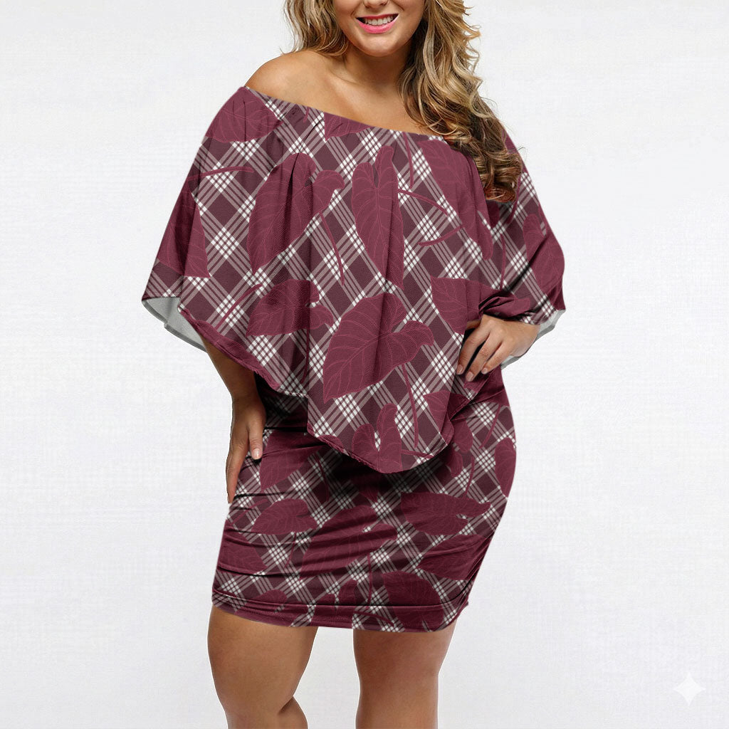Burgundy Hawaii Kalo Palaka Motifs Off Shoulder Short Dress Hawaiian Taro Leaves Elegant Vibes