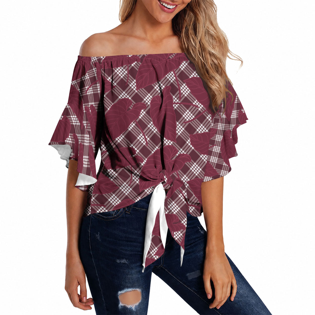 Burgundy Hawaii Kalo Palaka Motifs Off Shoulder Wrap Waist Top Hawaiian Taro Leaves Elegant Vibes