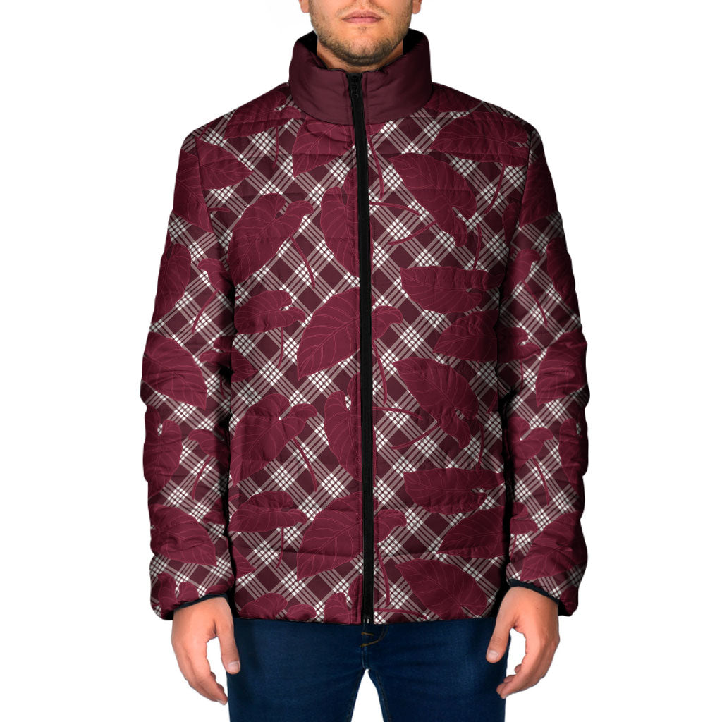 Burgundy Hawaii Kalo Palaka Motifs Padded Jacket Hawaiian Taro Leaves Elegant Vibes