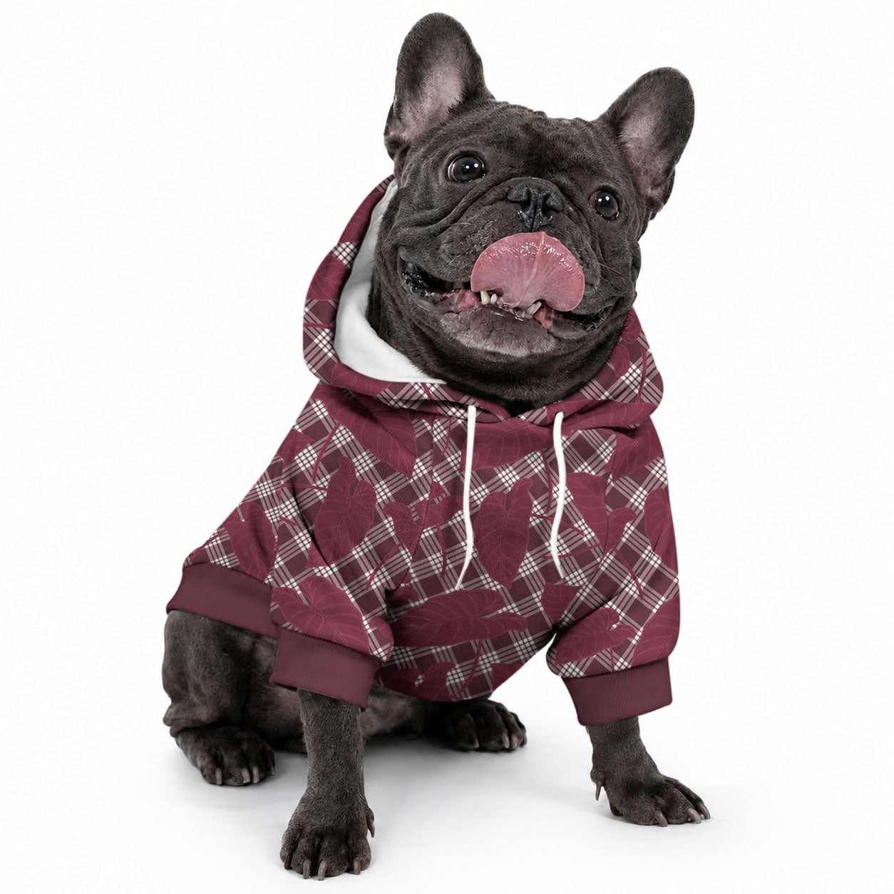 Burgundy Hawaii Kalo Palaka Motifs Pet Hoodie Hawaiian Taro Leaves Elegant Vibes
