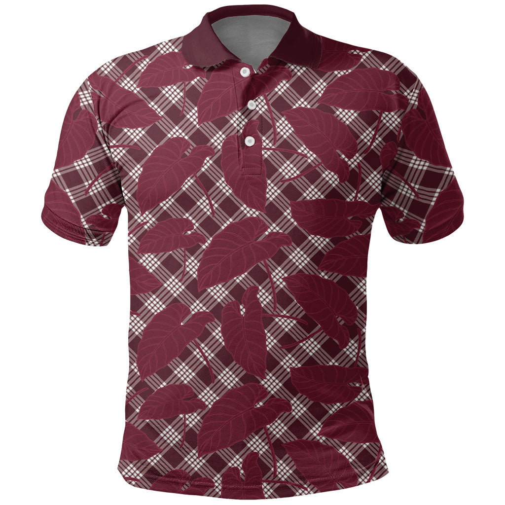 Burgundy Hawaii Kalo Palaka Motifs Polo Shirt Hawaiian Taro Leaves Elegant Vibes