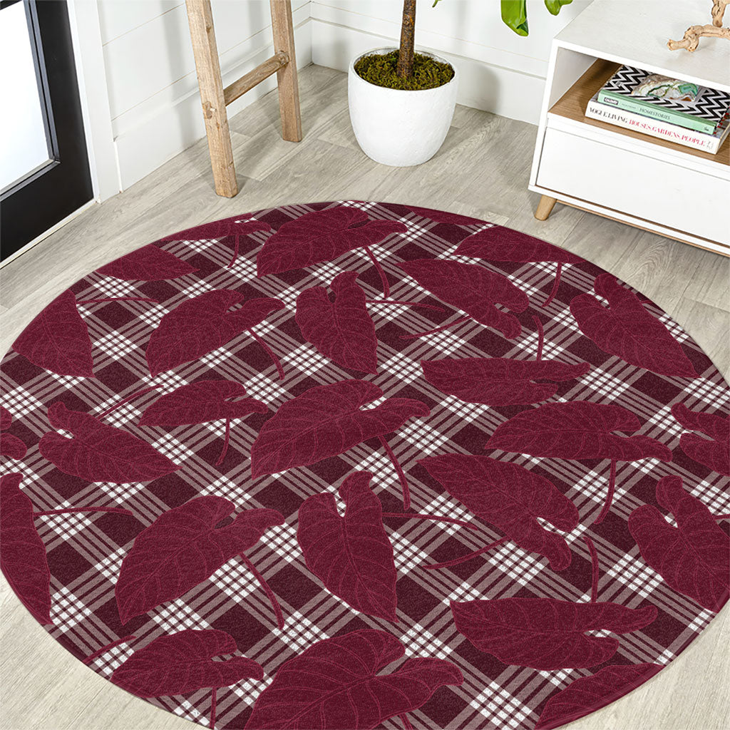 Burgundy Hawaii Kalo Palaka Motifs Round Carpet Hawaiian Taro Leaves Elegant Vibes