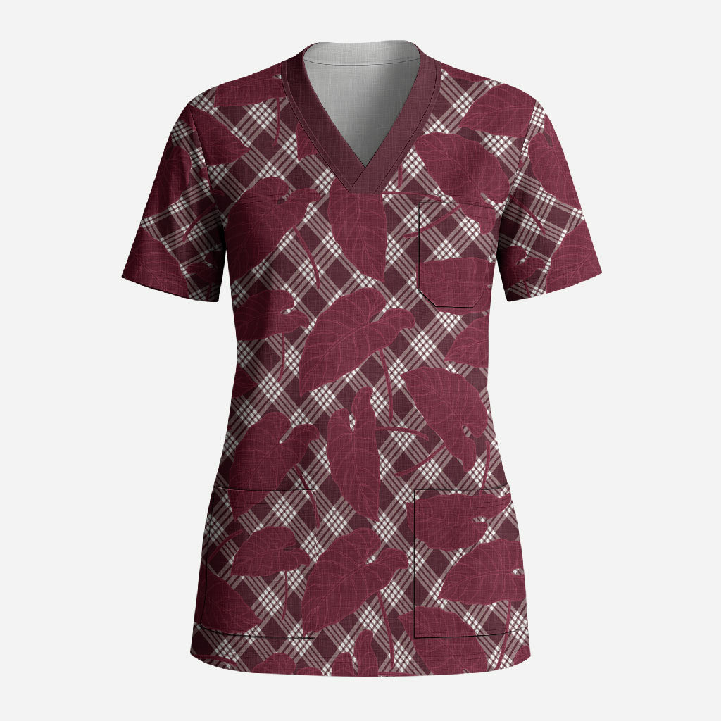 Burgundy Hawaii Kalo Palaka Motifs Scrub Top Hawaiian Taro Leaves Elegant Vibes