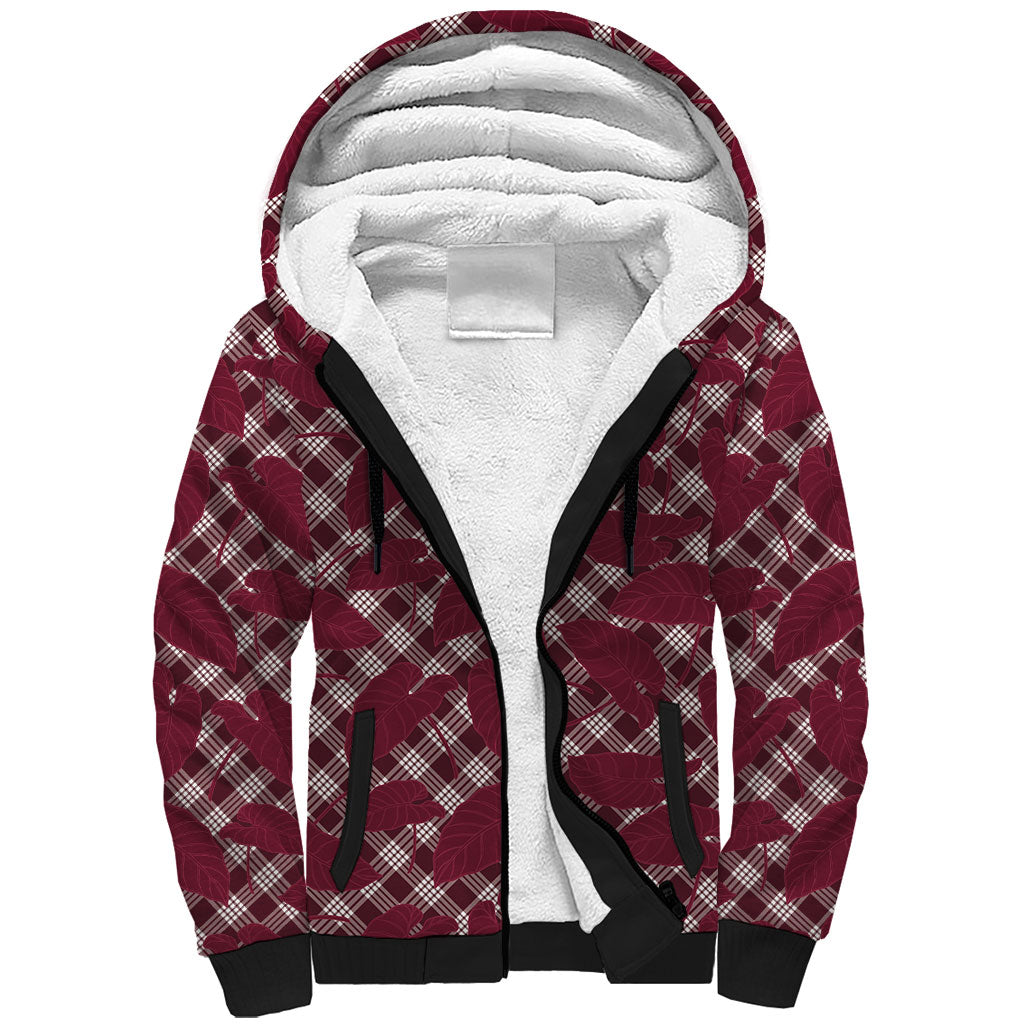 Burgundy Hawaii Kalo Palaka Motifs Sherpa Hoodie Hawaiian Taro Leaves Elegant Vibes