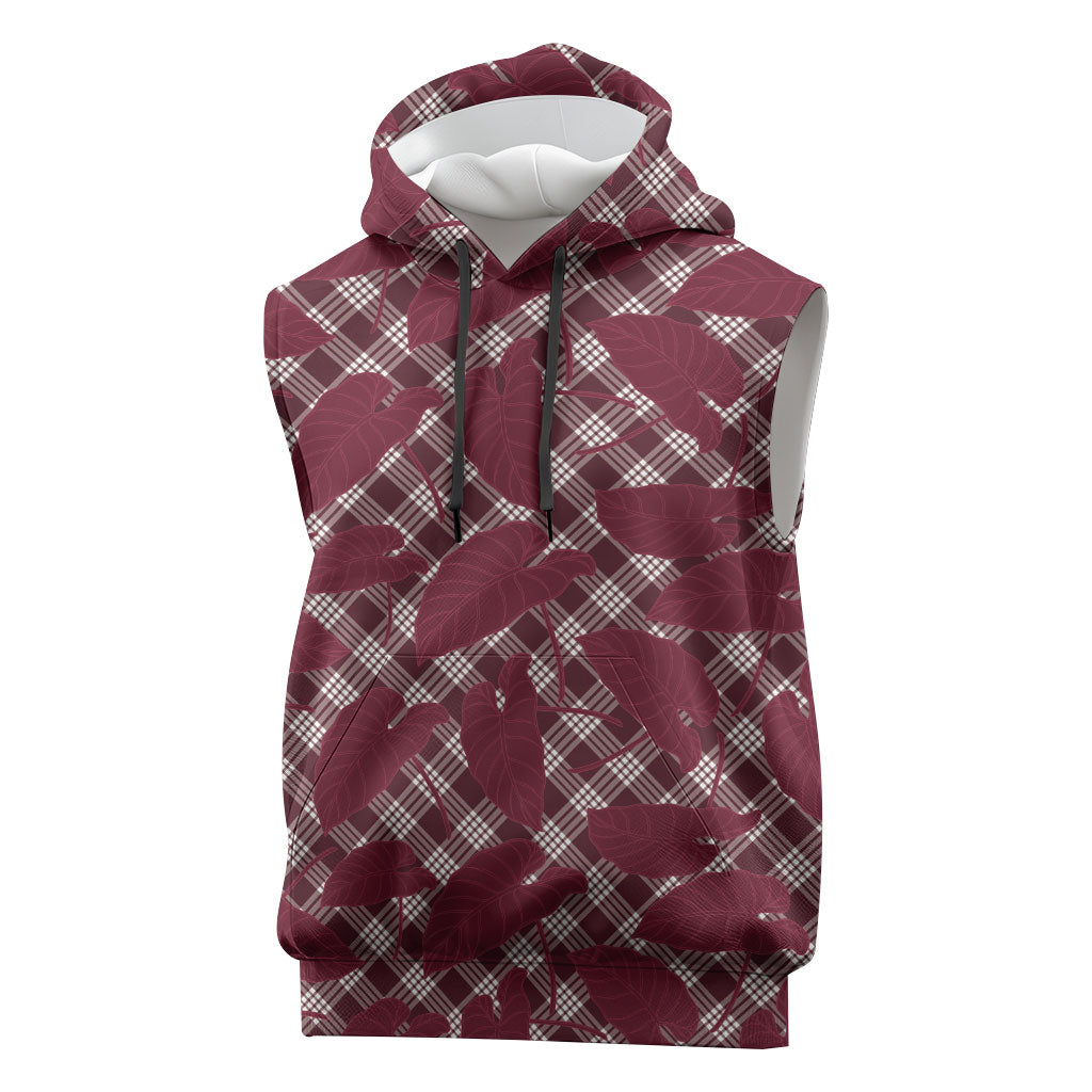 Burgundy Hawaii Kalo Palaka Motifs Sleeveless Hoodie Hawaiian Taro Leaves Elegant Vibes