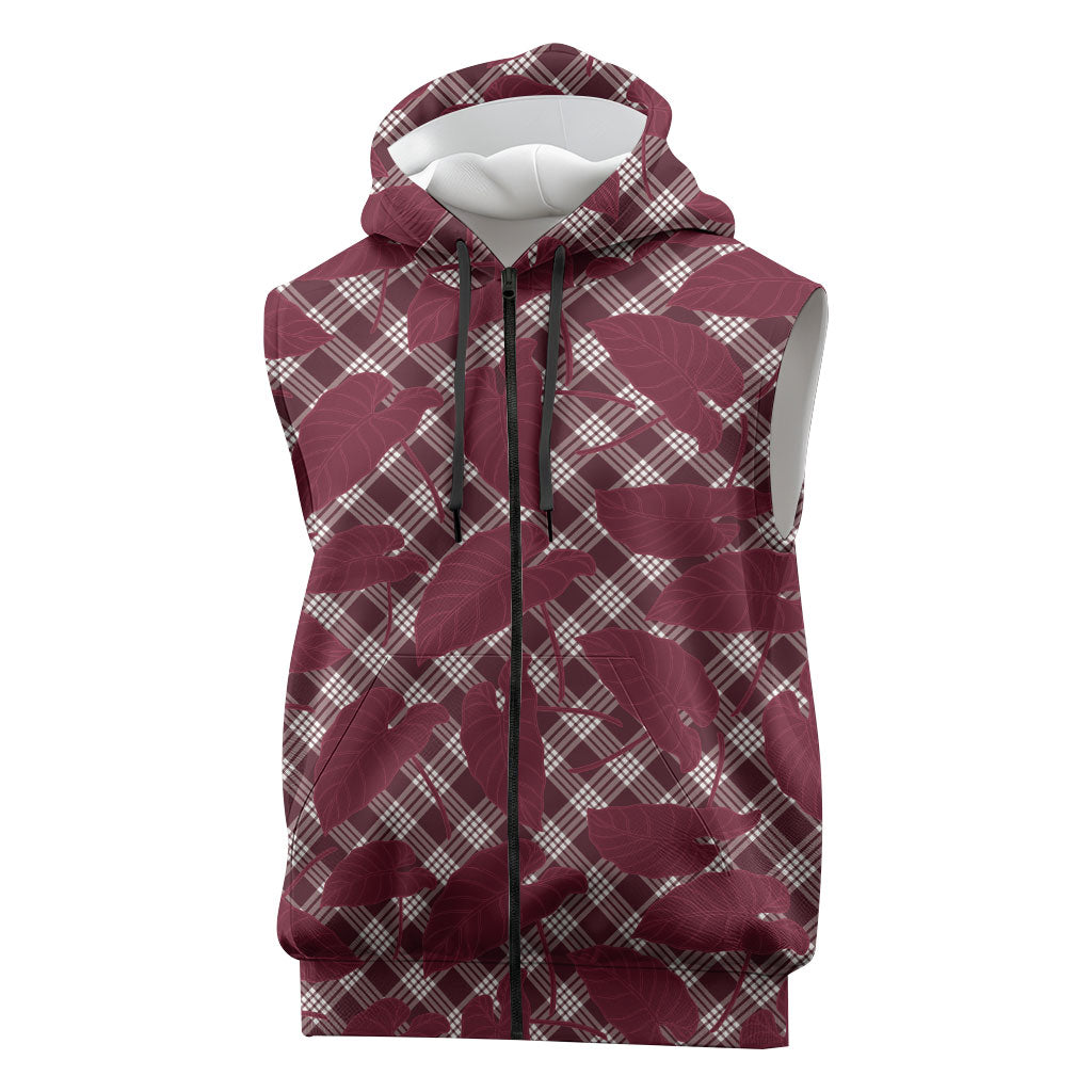 Burgundy Hawaii Kalo Palaka Motifs Sleeveless Zip Hoodie Hawaiian Taro Leaves Elegant Vibes