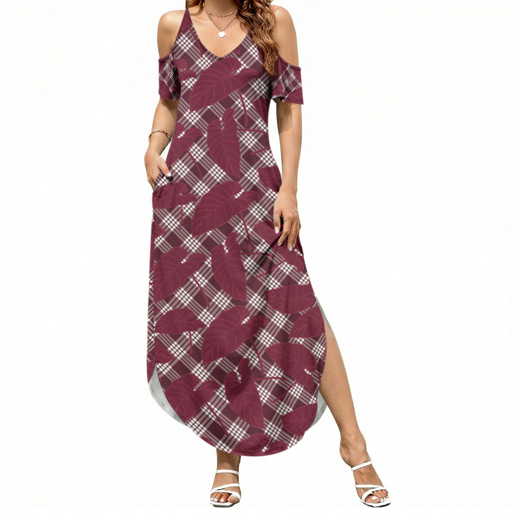 Burgundy Hawaii Kalo Palaka Motifs Summer Maxi Dress Hawaiian Taro Leaves Elegant Vibes