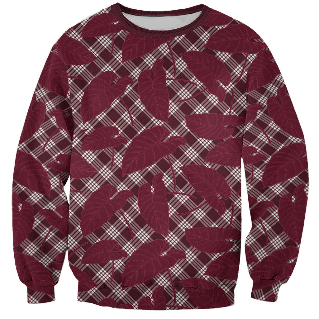 Burgundy Hawaii Kalo Palaka Motifs Sweatshirt Hawaiian Taro Leaves Elegant Vibes