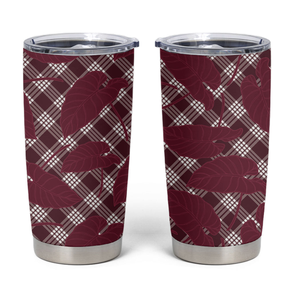 Burgundy Hawaii Kalo Palaka Motifs Tumbler Cup Hawaiian Taro Leaves Elegant Vibes