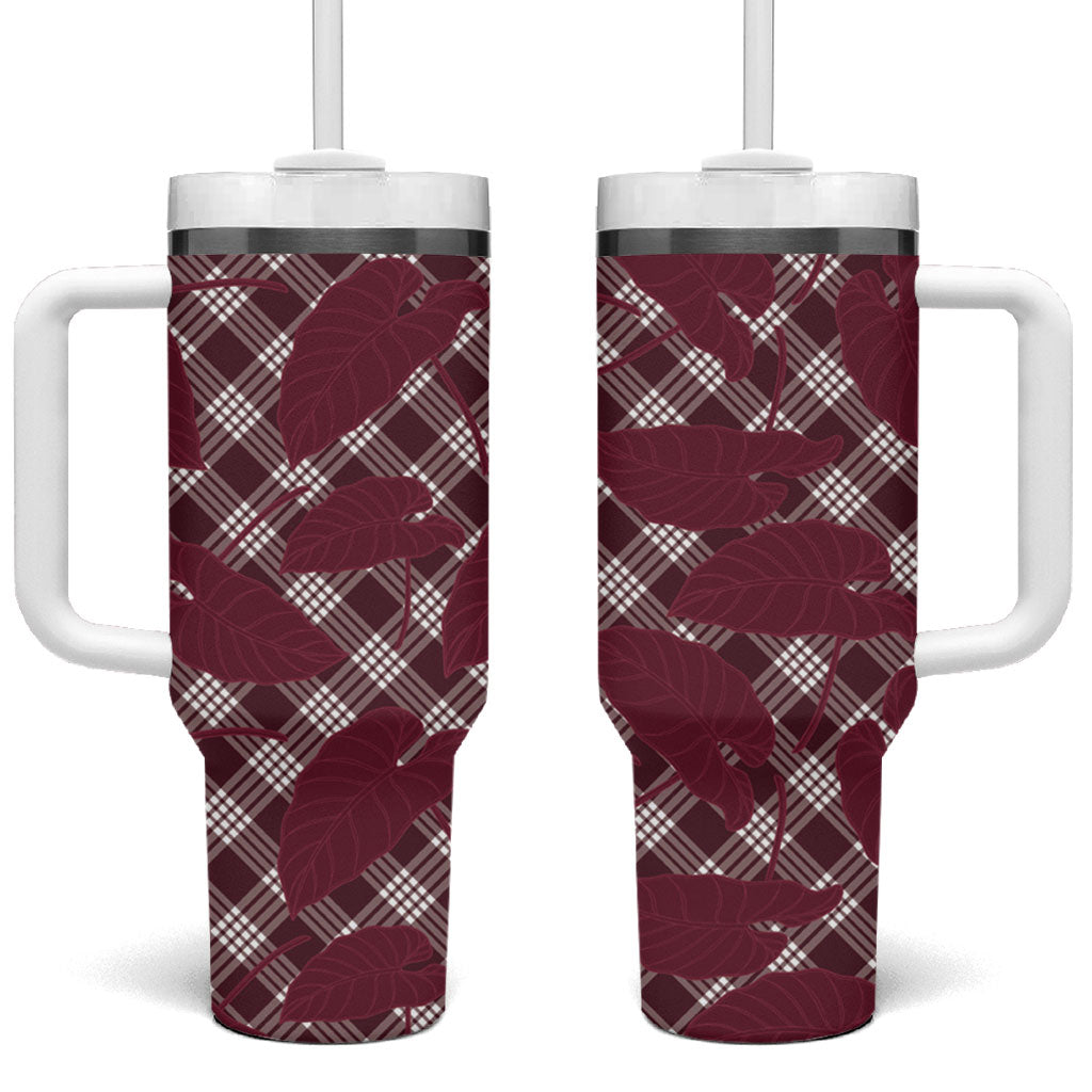 Burgundy Hawaii Kalo Palaka Motifs Tumbler With Handle Hawaiian Taro Leaves Elegant Vibes