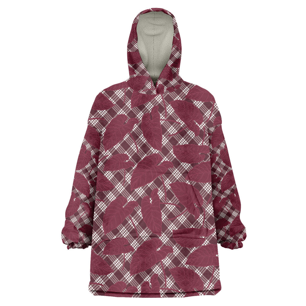 Burgundy Hawaii Kalo Palaka Motifs Wearable Blanket Hoodie Hawaiian Taro Leaves Elegant Vibes