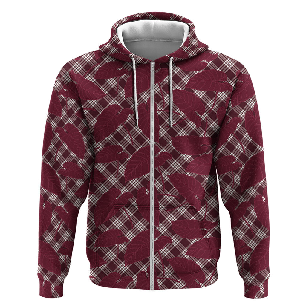 Burgundy Hawaii Kalo Palaka Motifs Zip Hoodie Hawaiian Taro Leaves Elegant Vibes