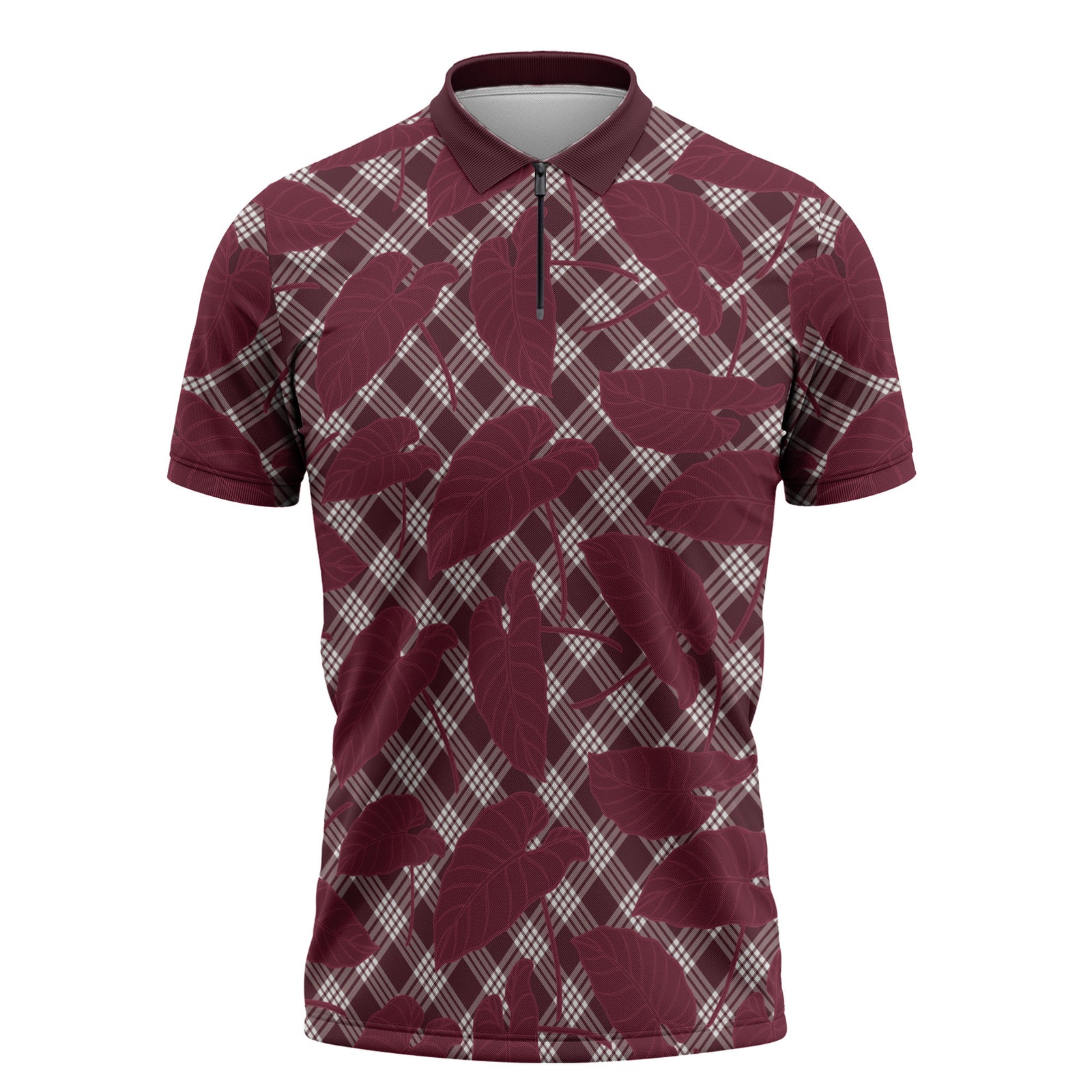 Burgundy Hawaii Kalo Palaka Motifs Zipper Polo Shirt Hawaiian Taro Leaves Elegant Vibes