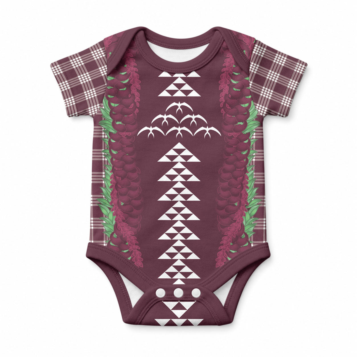 Burgundy Palaka Hawaii Iwa Bird Baby Onesie Hawaiian Kakau Jade Vine Lei