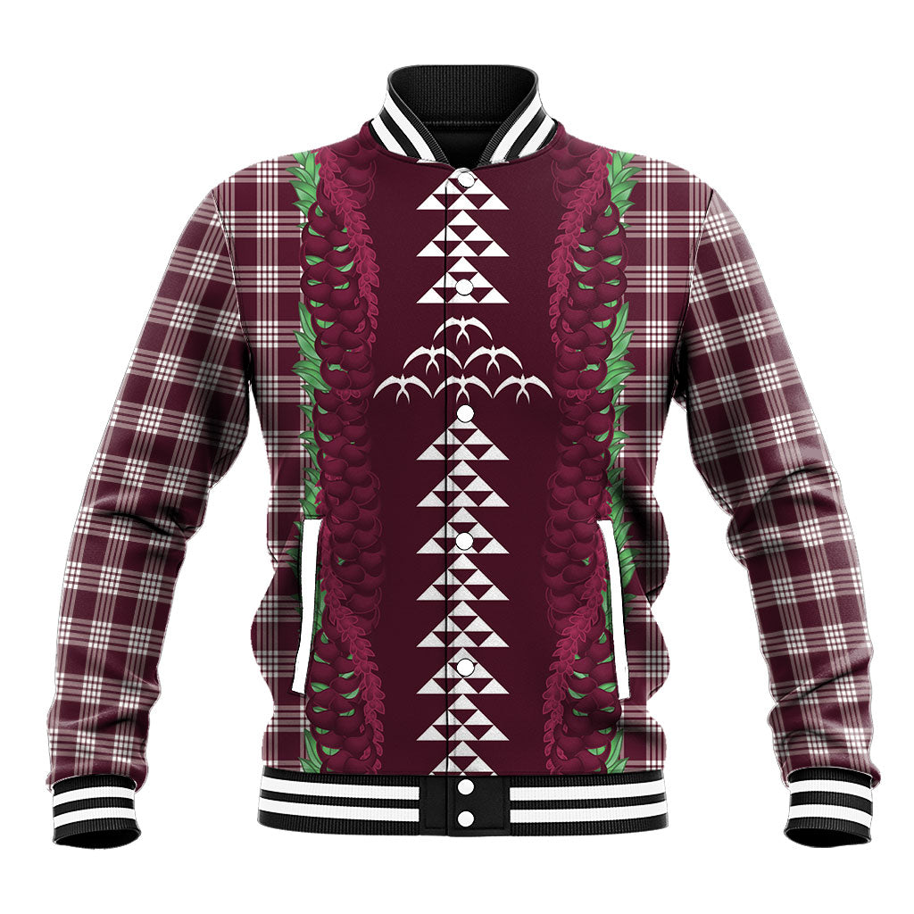 Burgundy Palaka Hawaii Iwa Bird Baseball Jacket Hawaiian Kakau Jade Vine Lei