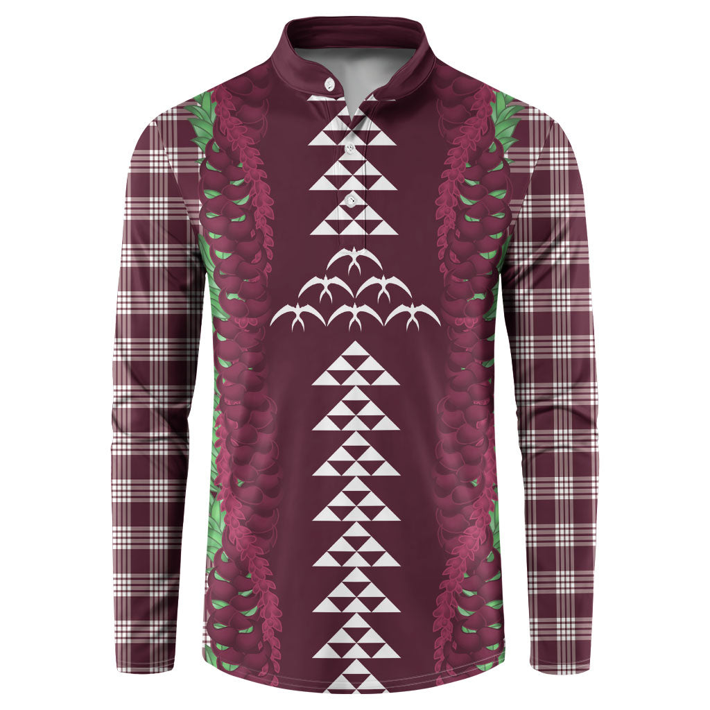 Burgundy Palaka Hawaii Iwa Bird Button Sweatshirt Hawaiian Kakau Jade Vine Lei