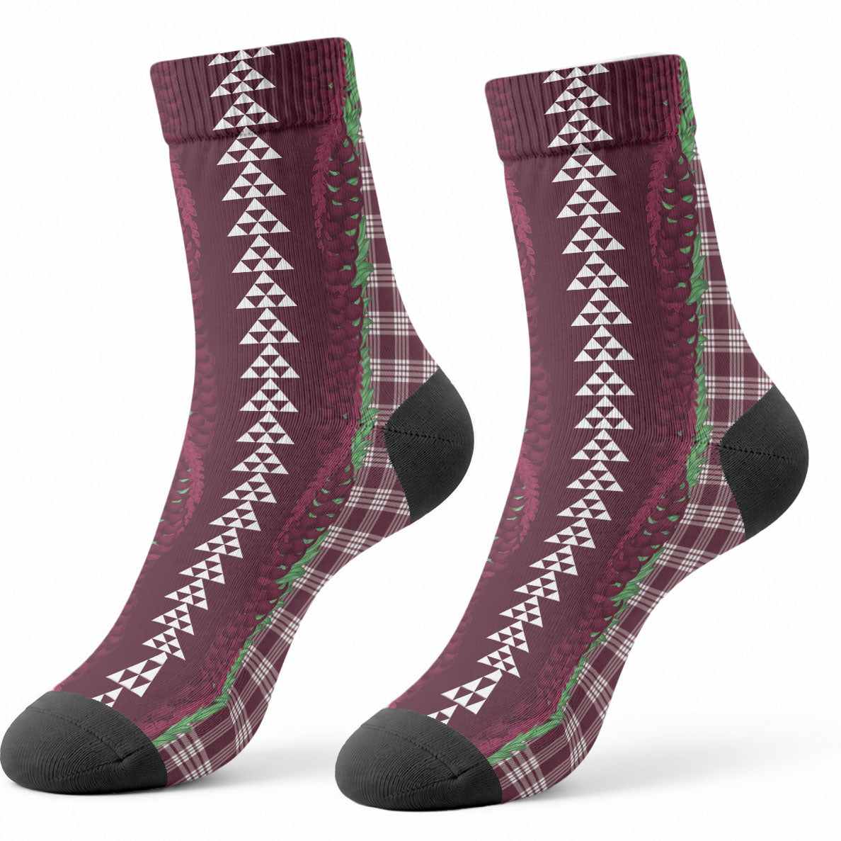 Burgundy Palaka Hawaii Iwa Bird Crew Socks Hawaiian Kakau Jade Vine Lei LT14 - Polynesian Pride