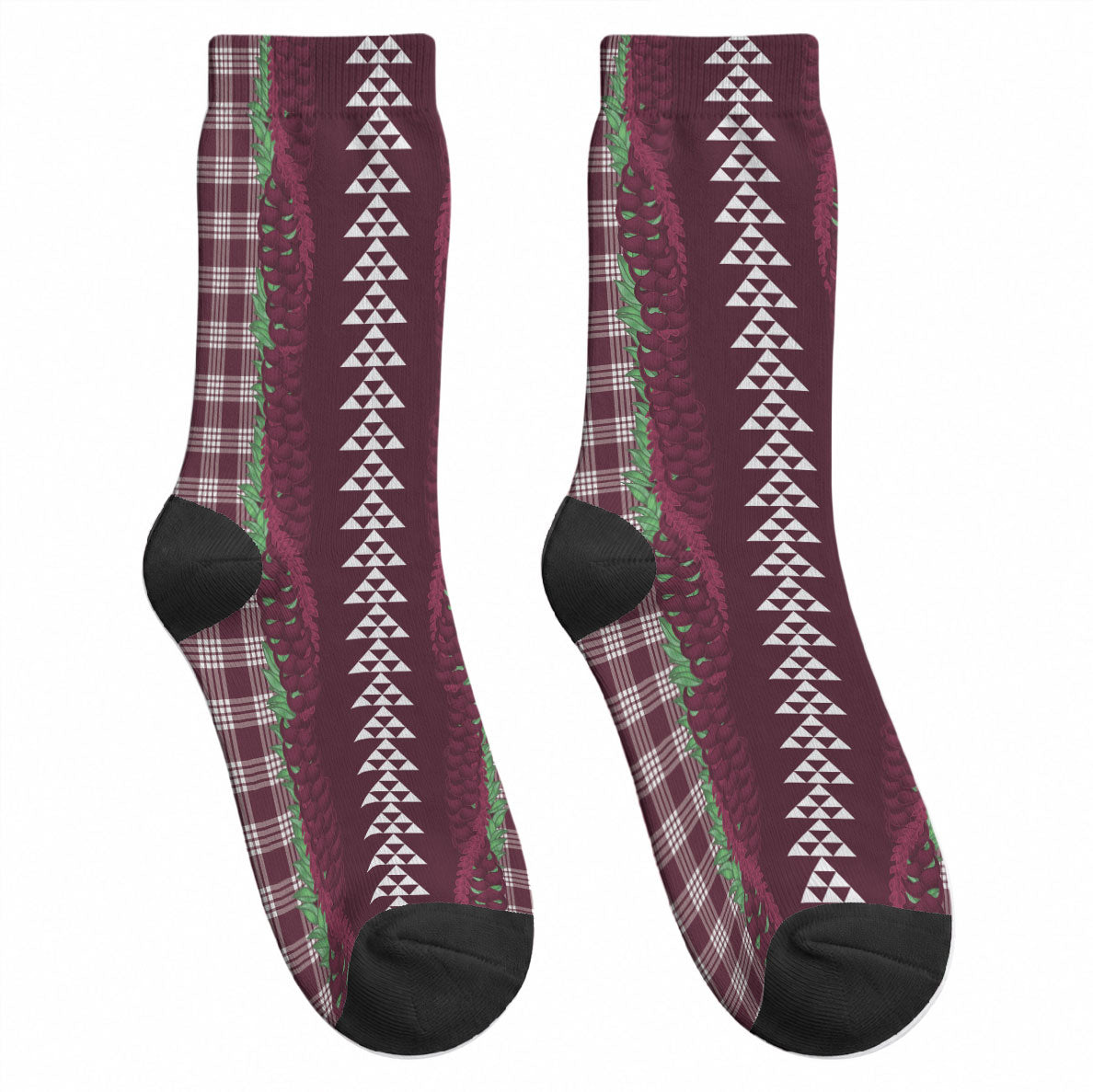 Burgundy Palaka Hawaii Iwa Bird Crew Socks Hawaiian Kakau Jade Vine Lei LT14 - Polynesian Pride