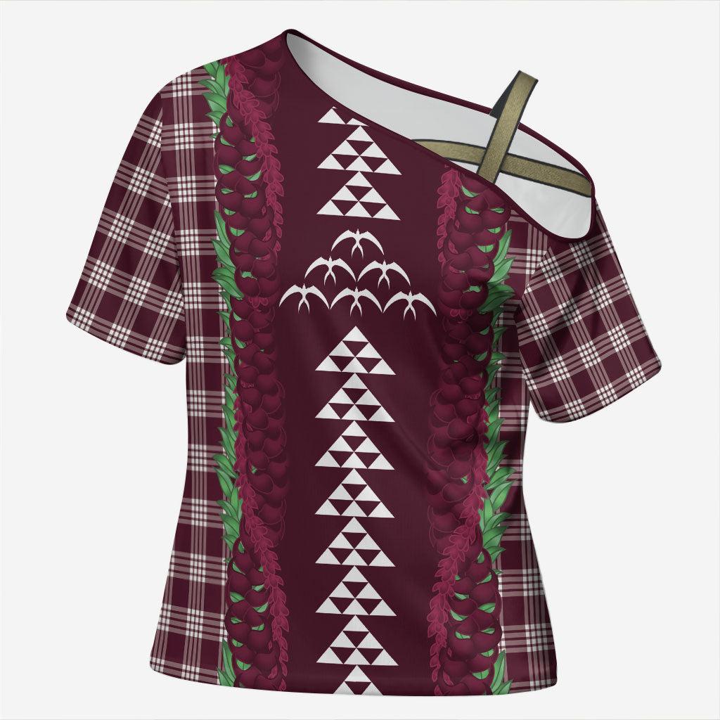 Burgundy Palaka Hawaii Iwa Bird Cross Shoulder Shirt Hawaiian Kakau Jade Vine Lei