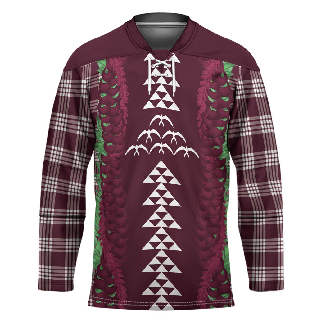 Burgundy Palaka Hawaii Iwa Bird Hockey Jersey Hawaiian Kakau Jade Vine Lei