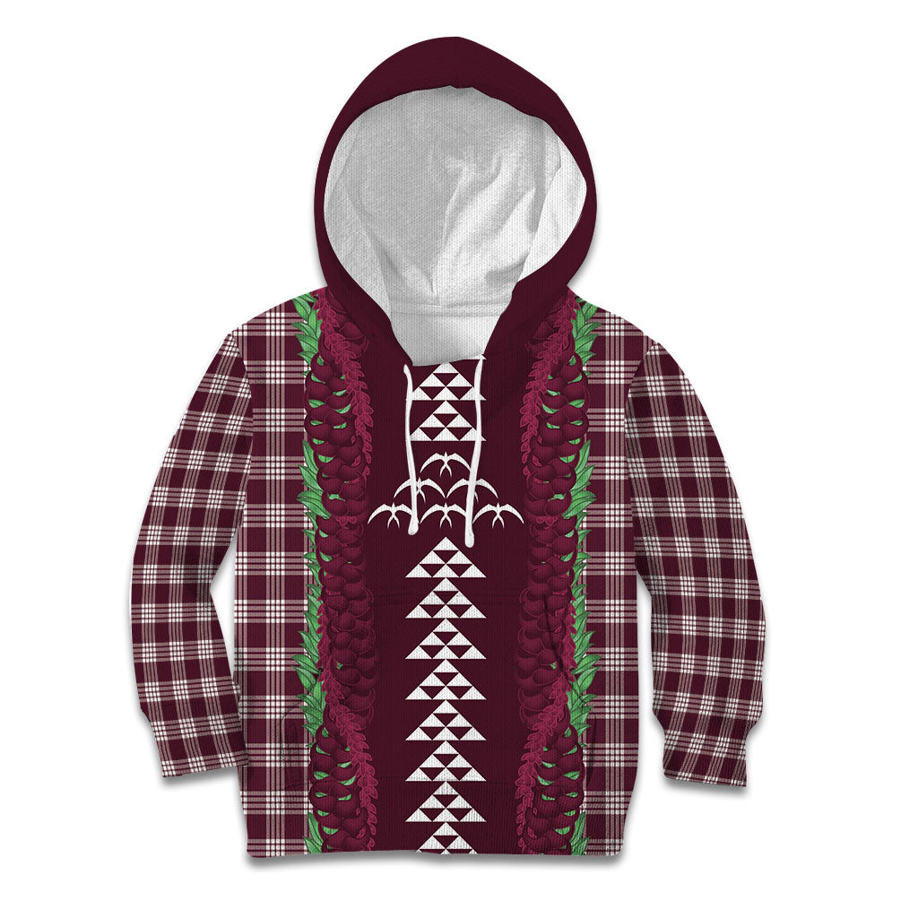 Burgundy Palaka Hawaii Iwa Bird Kid Hoodie Hawaiian Kakau Jade Vine Lei