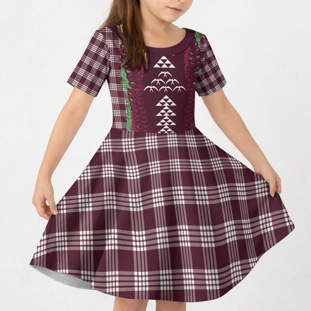 Burgundy Palaka Hawaii Iwa Bird Kid Short Sleeve Dress Hawaiian Kakau Jade Vine Lei
