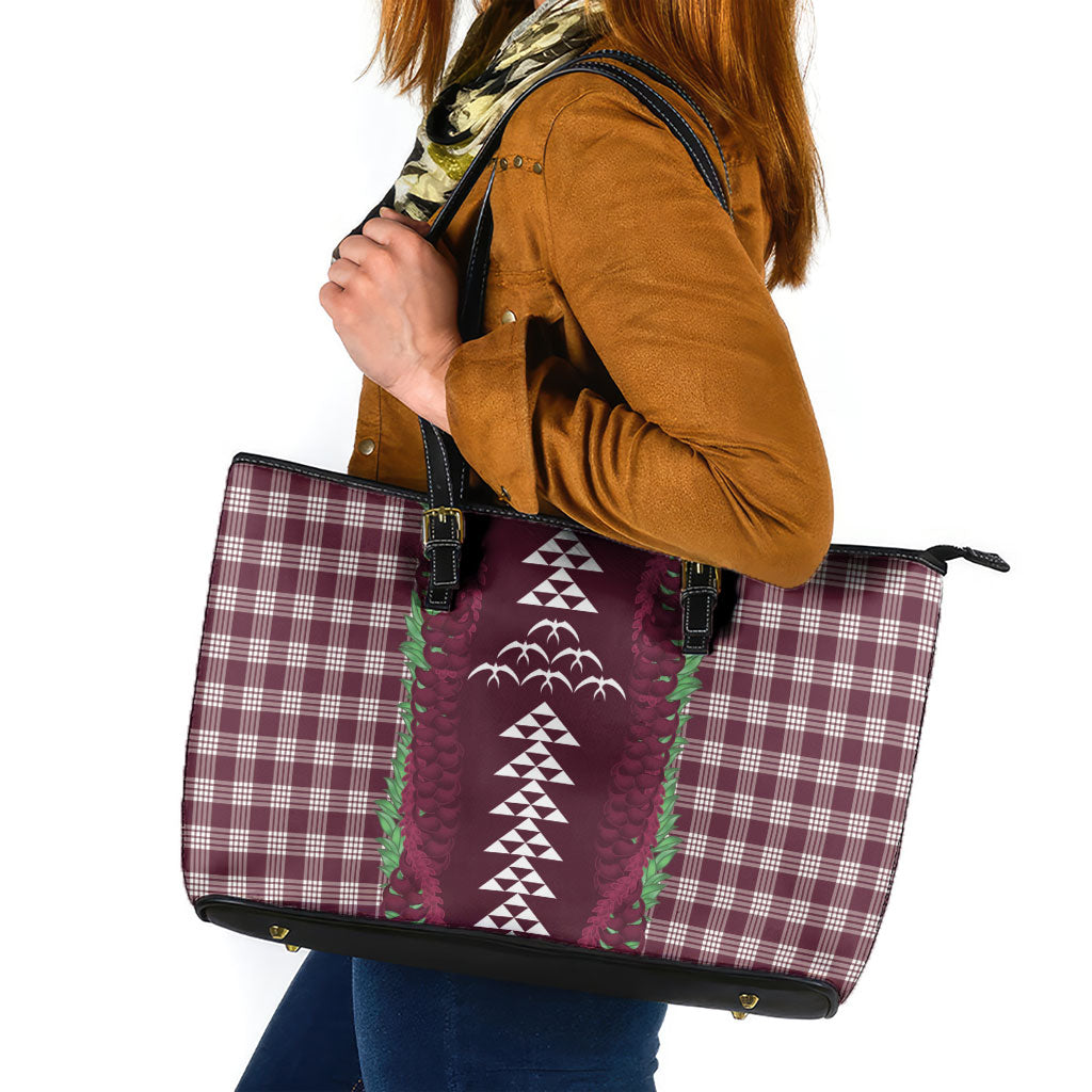 Burgundy Palaka Hawaii Iwa Bird Leather Tote Bag Hawaiian Kakau Jade Vine Lei