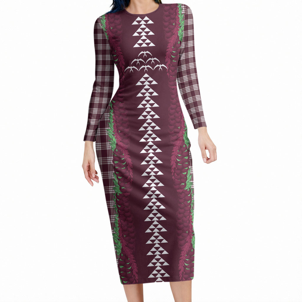 Burgundy Palaka Hawaii Iwa Bird Long Sleeve Bodycon Dress Hawaiian Kakau Jade Vine Lei