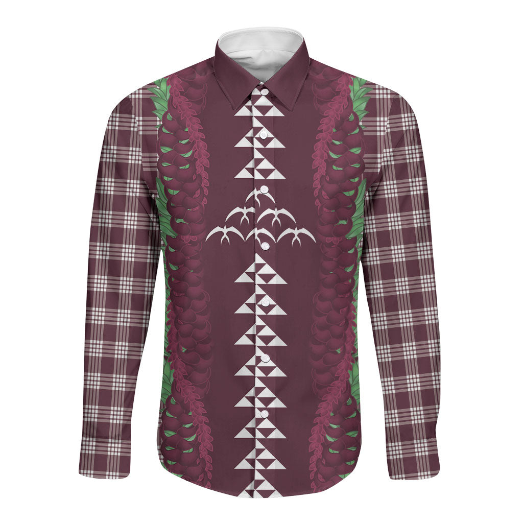 Burgundy Palaka Hawaii Iwa Bird Long Sleeve Button Shirt Hawaiian Kakau Jade Vine Lei