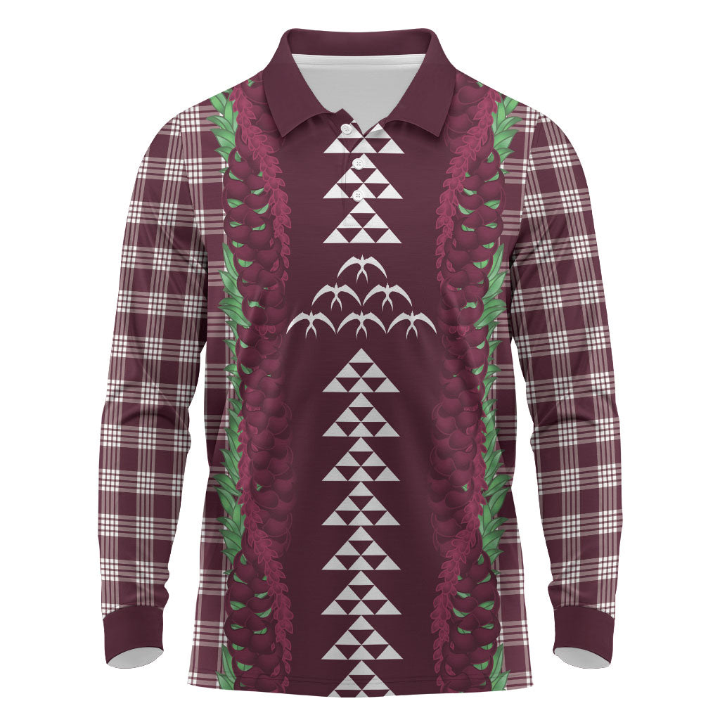 Burgundy Palaka Hawaii Iwa Bird Long Sleeve Polo Shirt Hawaiian Kakau Jade Vine Lei