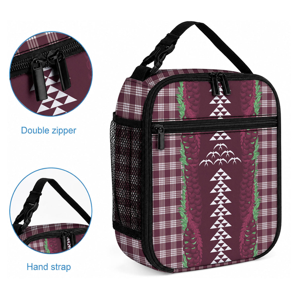 Burgundy Palaka Hawaii Iwa Bird Lunch Bag Hawaiian Kakau Jade Vine Lei LT14 - Polynesian Pride