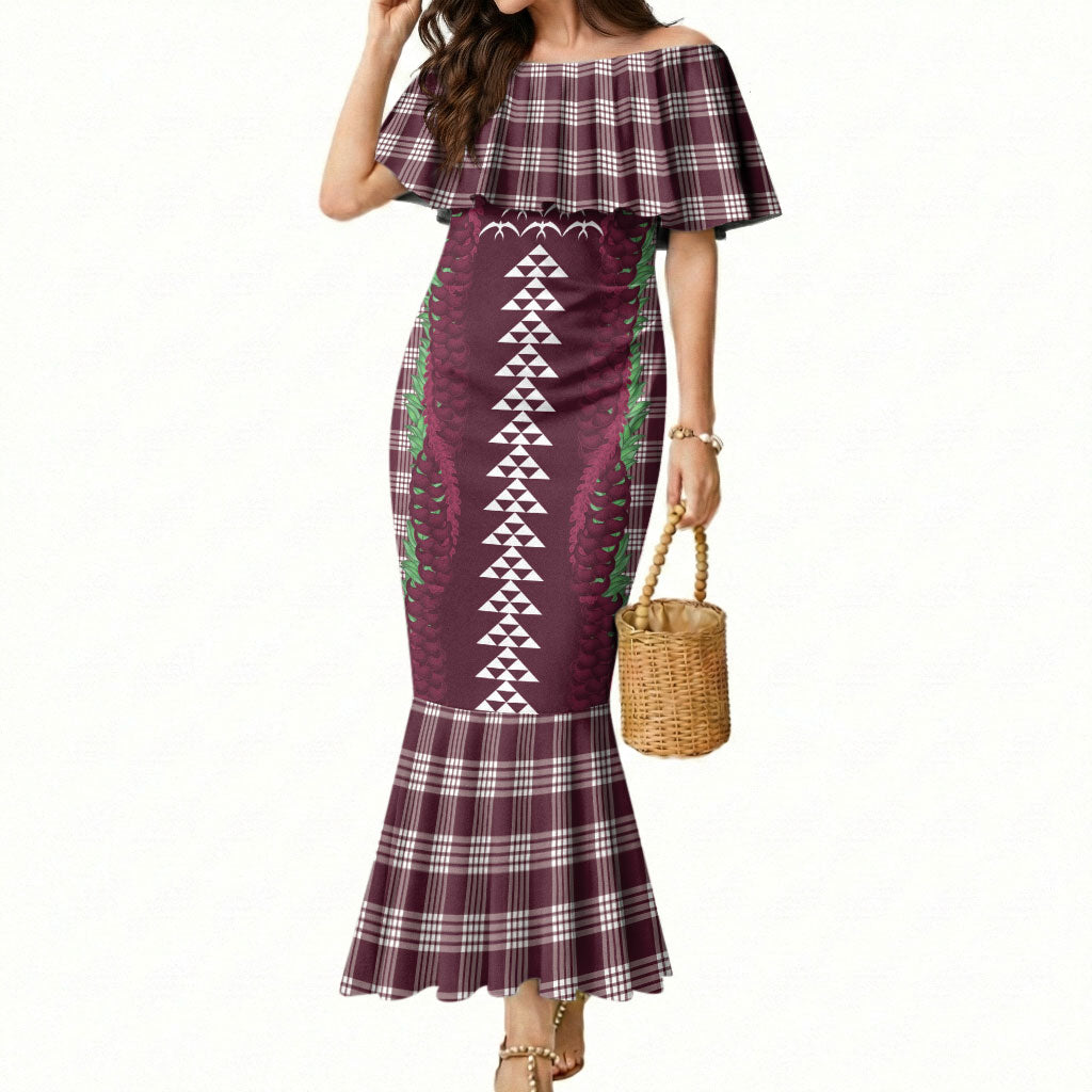 Burgundy Palaka Hawaii Iwa Bird Mermaid Dress Hawaiian Kakau Jade Vine Lei