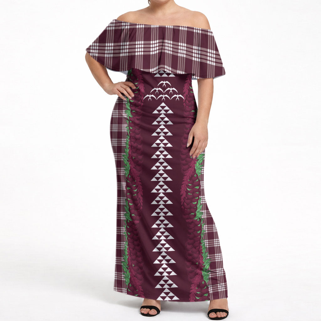 Burgundy Palaka Hawaii Iwa Bird Off Shoulder Maxi Dress Hawaiian Kakau Jade Vine Lei