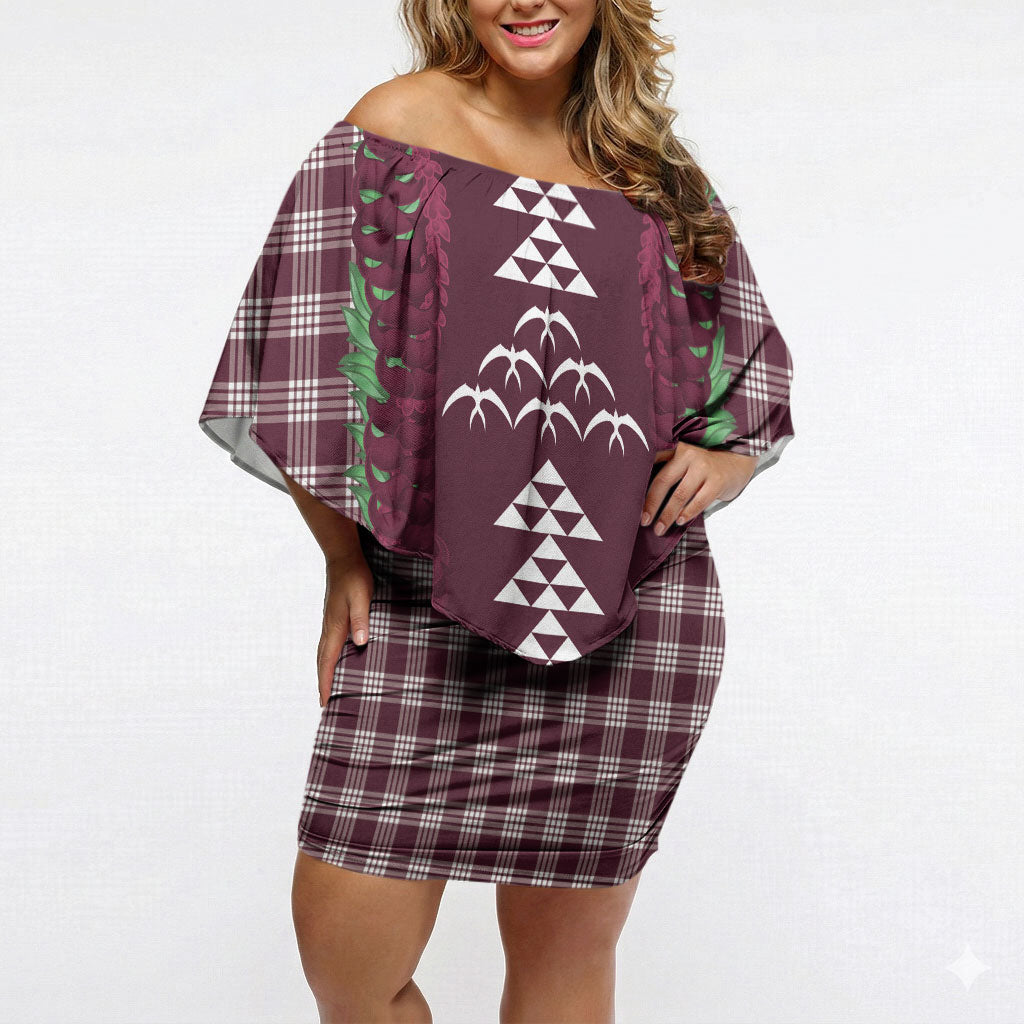 Burgundy Palaka Hawaii Iwa Bird Off Shoulder Short Dress Hawaiian Kakau Jade Vine Lei