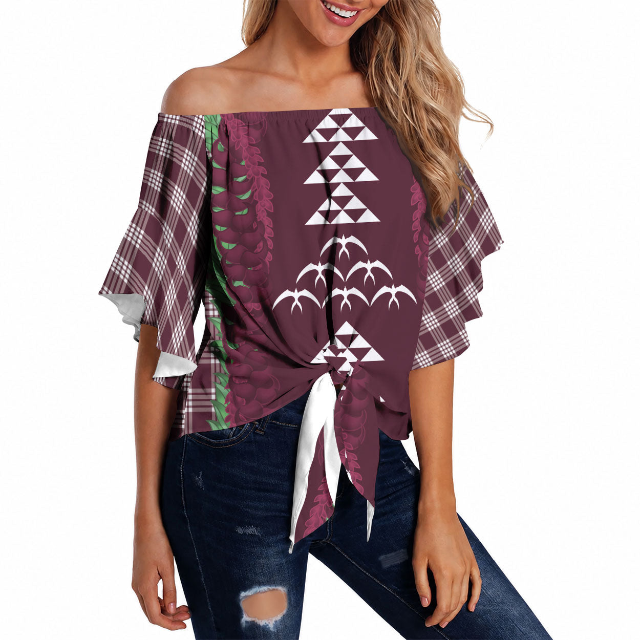 Burgundy Palaka Hawaii Iwa Bird Off Shoulder Wrap Waist Top Hawaiian Kakau Jade Vine Lei