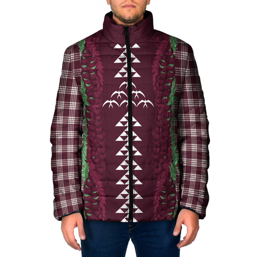 Burgundy Palaka Hawaii Iwa Bird Padded Jacket Hawaiian Kakau Jade Vine Lei