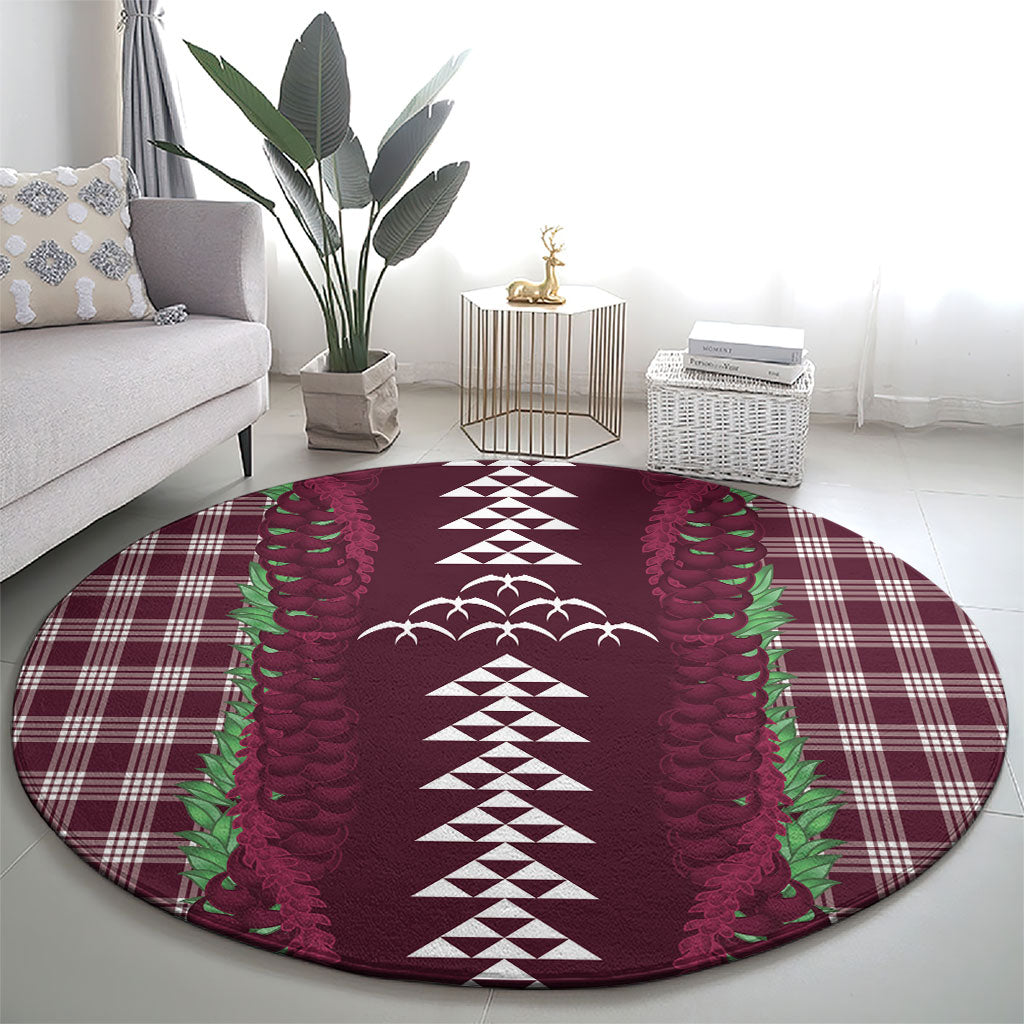 Burgundy Palaka Hawaii Iwa Bird Round Carpet Hawaiian Kakau Jade Vine Lei LT14 - Polynesian Pride